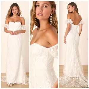 NWOT Lulus Magical Beginnings White 3D Floral Maxi Dress L Bridal $178 Large